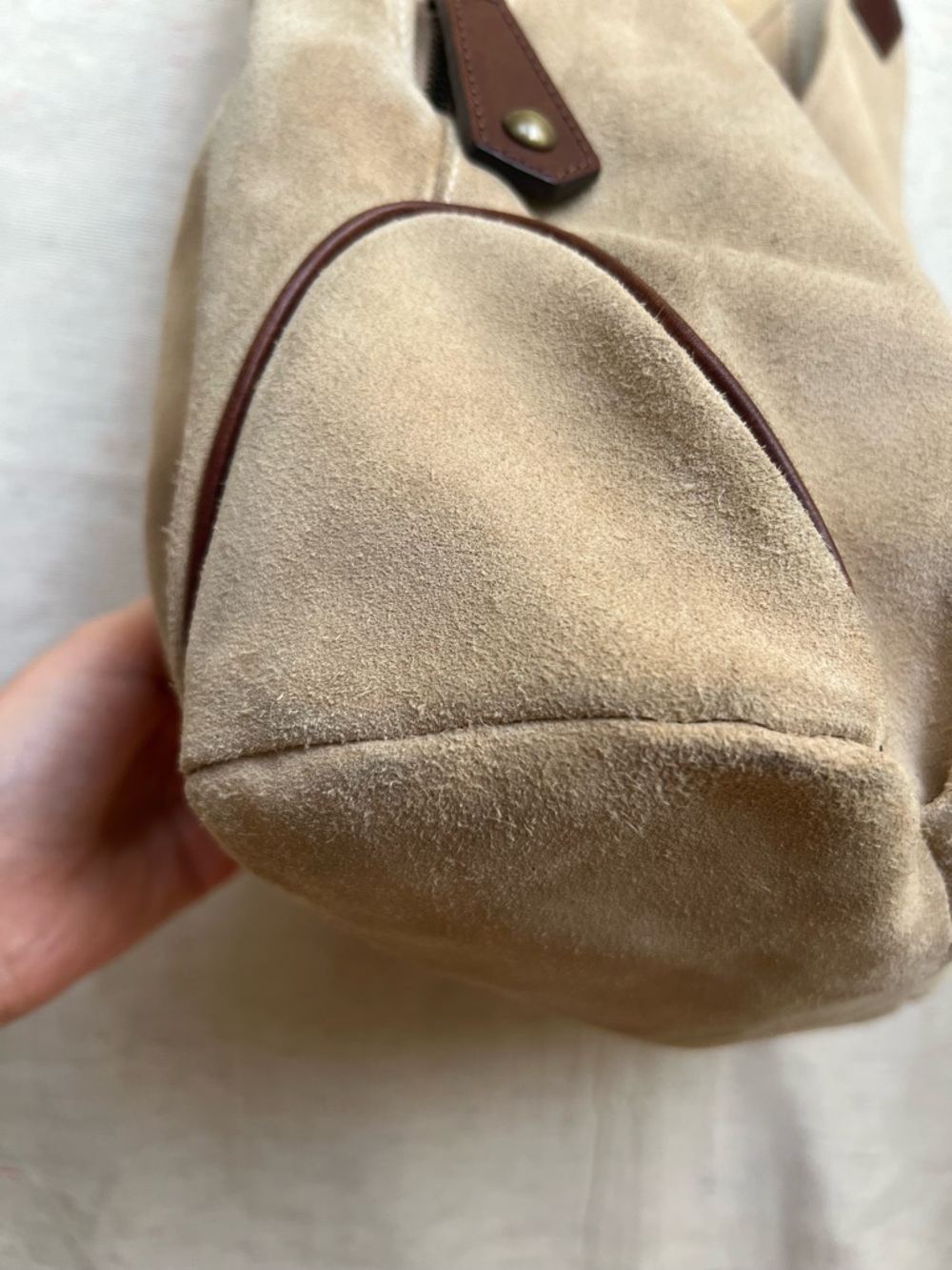 NARDELLI Neutral Suede Hobo Bag with Brown Leather Handles - Picture 8 of 16
